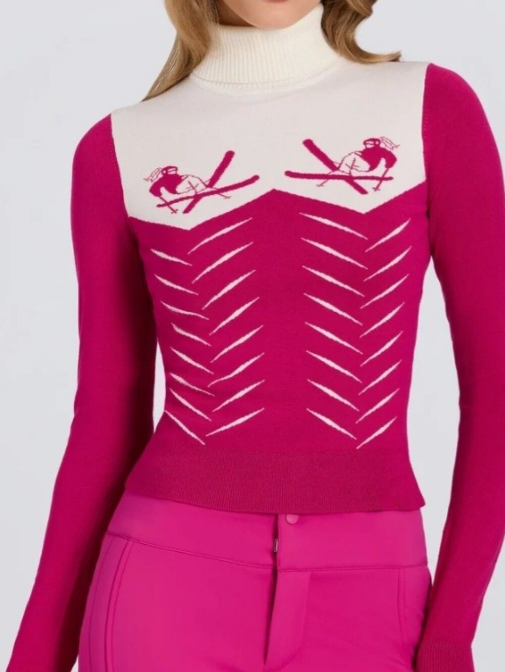Fuchsia and Cream Ski-Motif Turtleneck Sweater